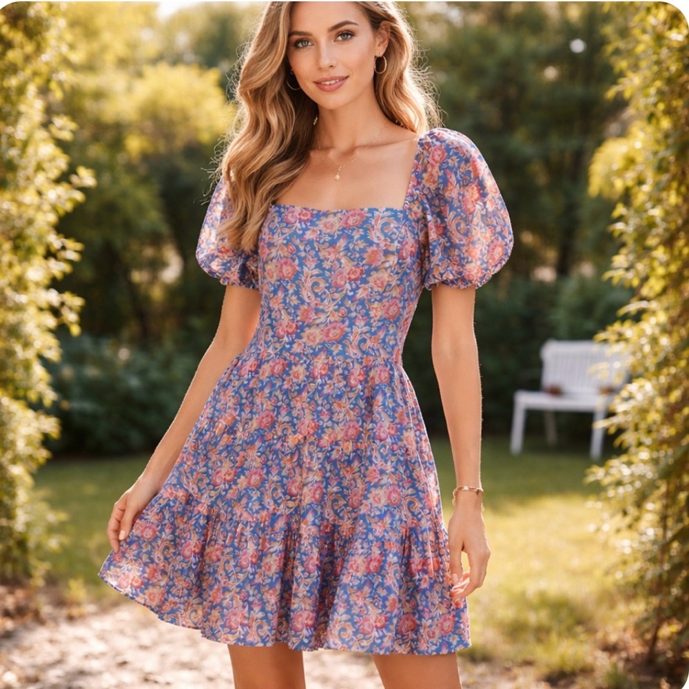 1. State Blue and Pink Floral Puff-Sleeve Mini Dress